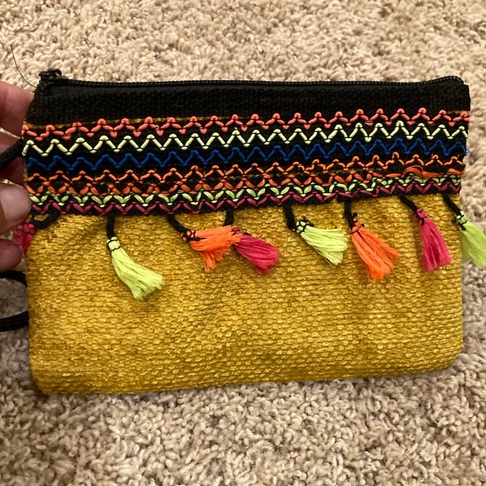 Yellow Woven Tassel Wristlet Clutch